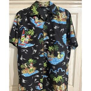 ALVISH SURFING SANTA Black Christmas Hawaiian  Button Up Shirt Men's Sz Sm